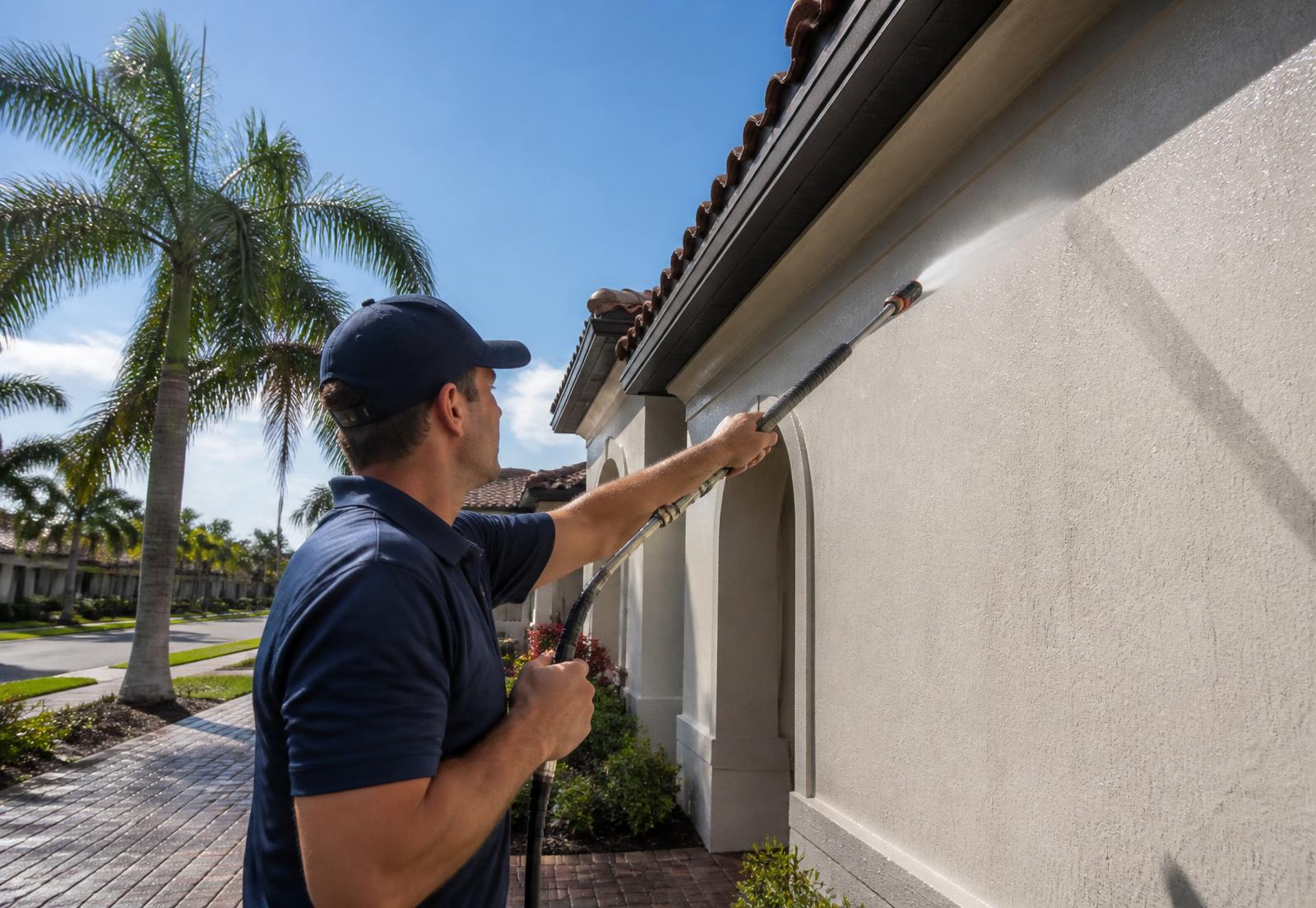 Technician soft washing the stucco exterior of a Florida home in Viera