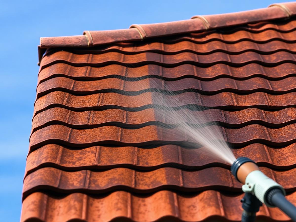 Low-pressure cleaning of an algae-streaked tile roof